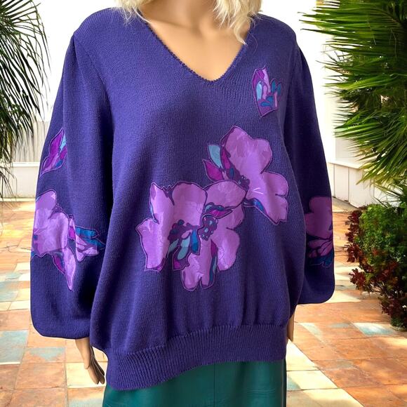 Vintage Sweater Floral Appliqué Purple Long Sleeve V-Neck Oversized Large - Picture 2 of 9